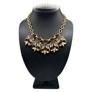 J. Crew Crystal Floral Bib Statement Necklace Antiqued Gold Pink Grey Burgundy